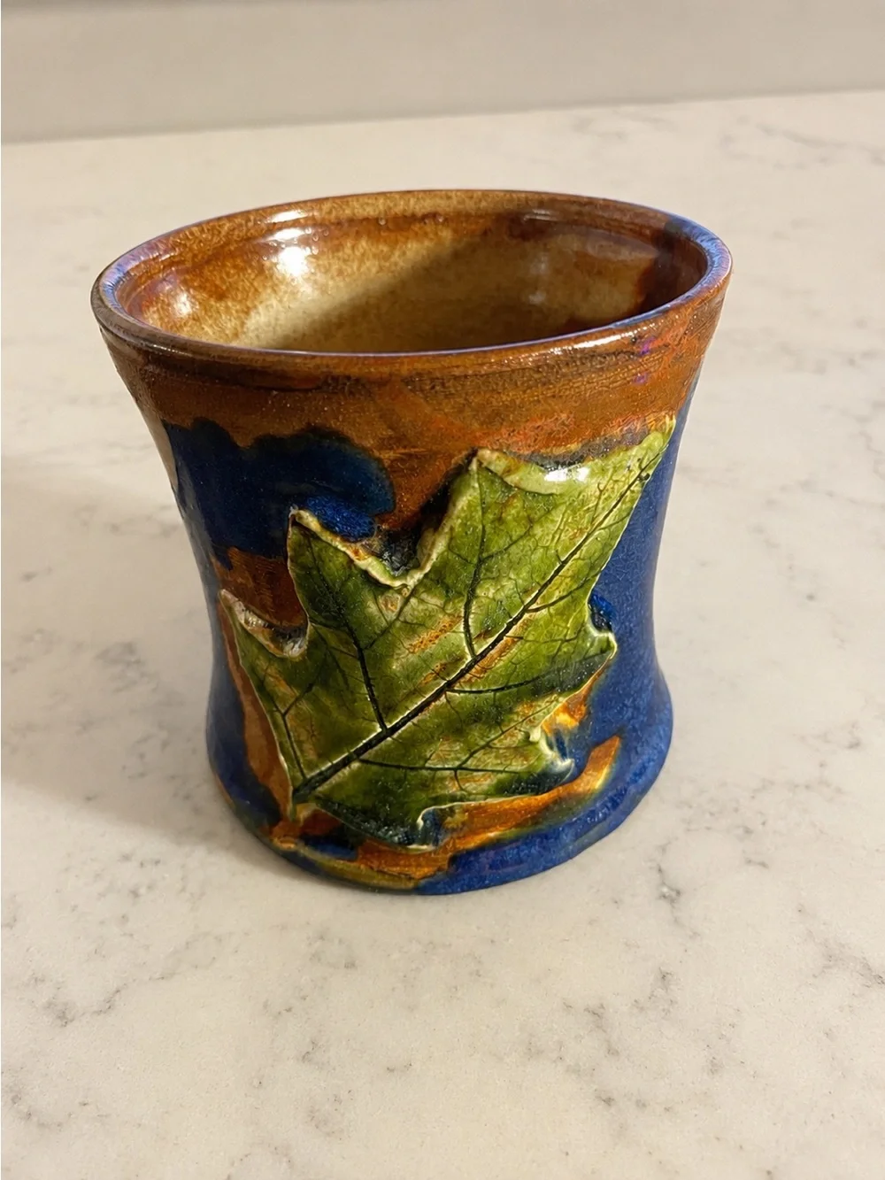 Signed Handmade Studio Pottery Leaf Tumbler Vase Blue Brown Glaze